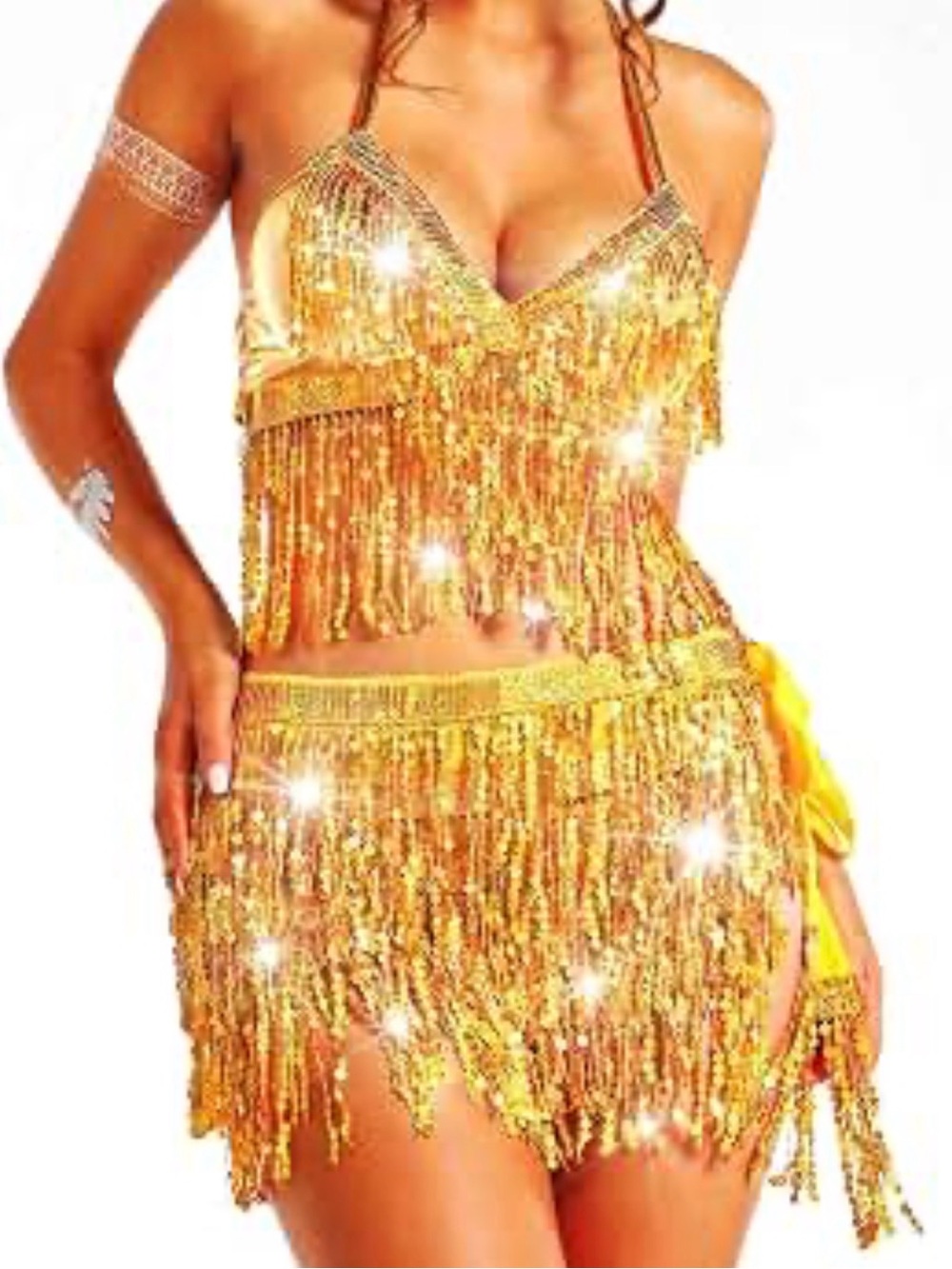 Halloween costume women’s small belly dancer outfit Gold sequin fringe